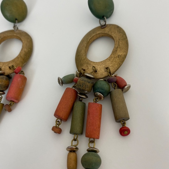 Handmade Wood Bead Dangle Eclectic Earrings Green - Picture 2 of 5